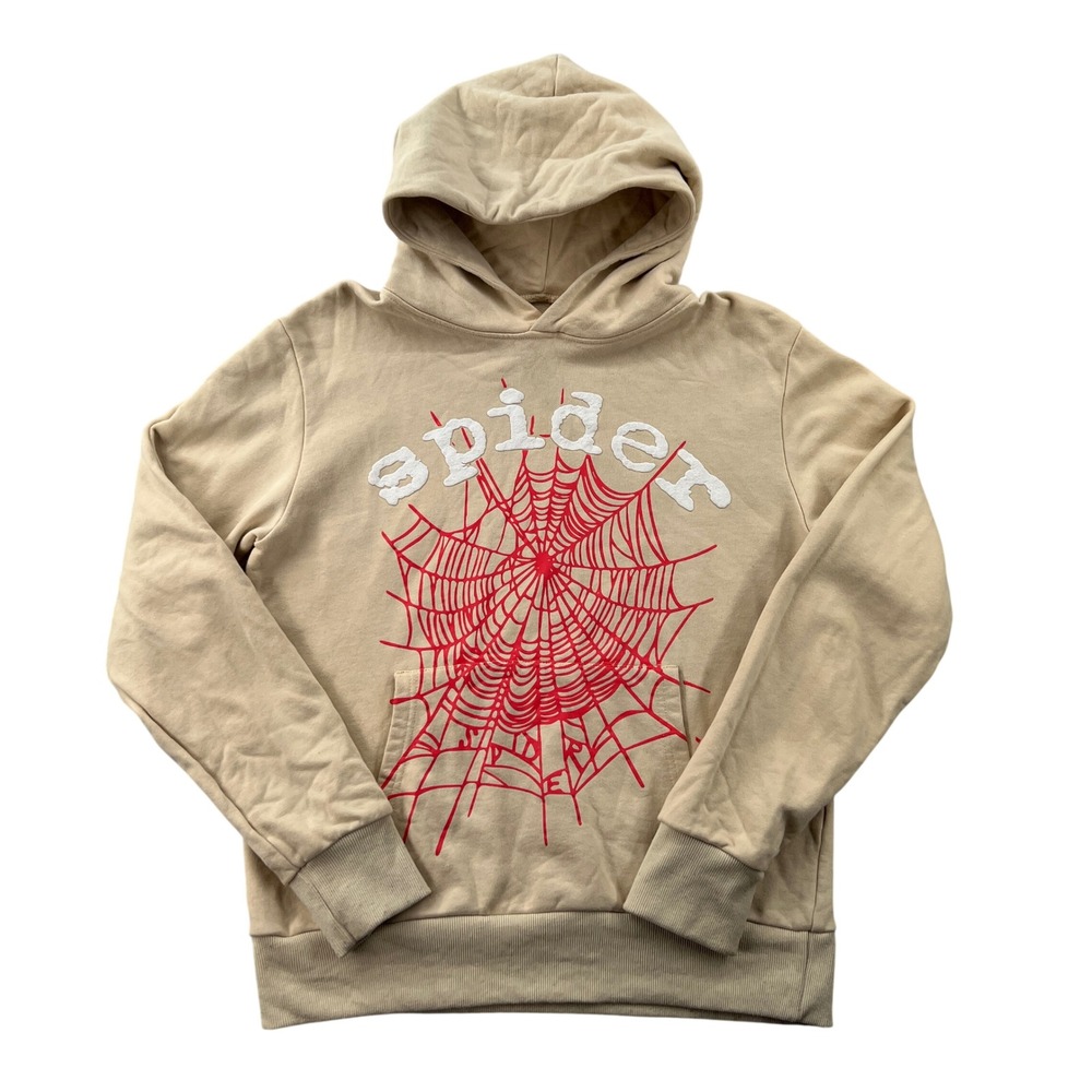 Rare OG Sp5der "Spider" Worldwide Web Hoodie Tan Beige Red Puff Print Mens Small